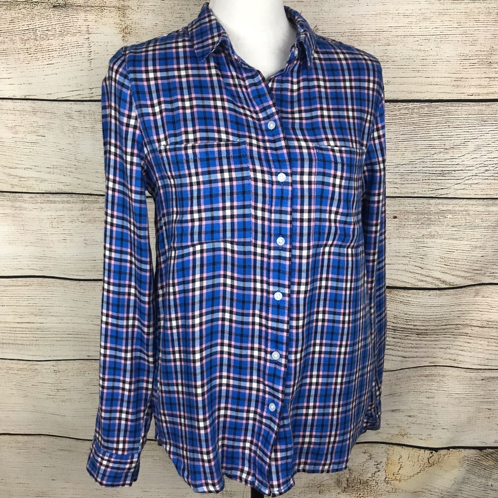 NWT Gap flannel top boyfriend fit long sleeve button front collared blue pink